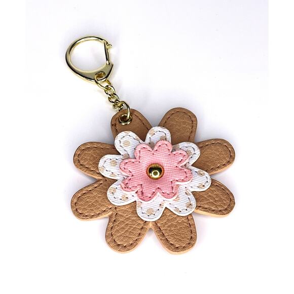VTG FLOWER KEYCHAIN 5" Key Ring Gold Clip for Handbag Fob Simulated Leather Pink - Picture 4 of 4